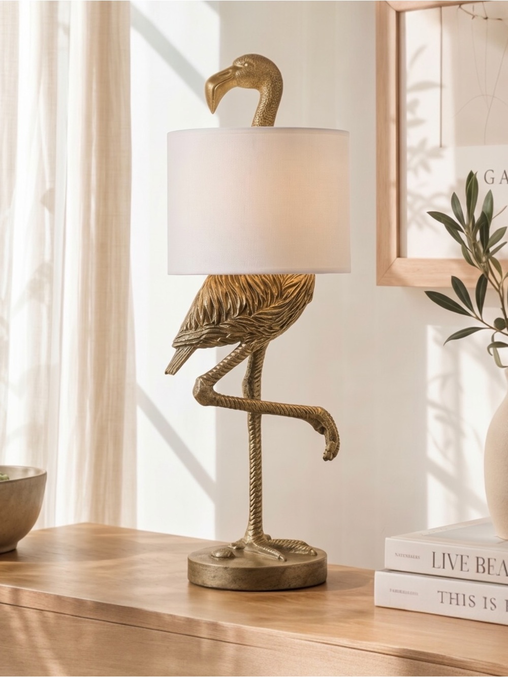 NEW Anthropologie Large Gold Boho Flamingo Table Lamp Lighting Art Deco Set 32"